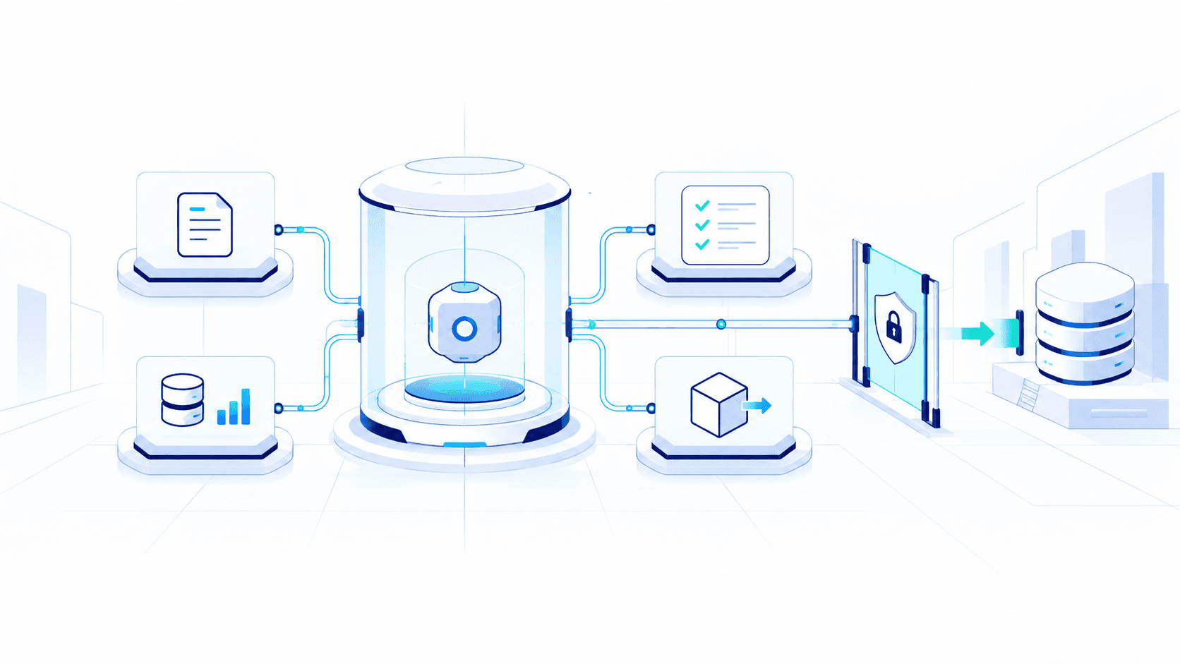 Data and code sources converging into an isolated chamber, then passing a checklist and a governed gate before reaching the warehouse